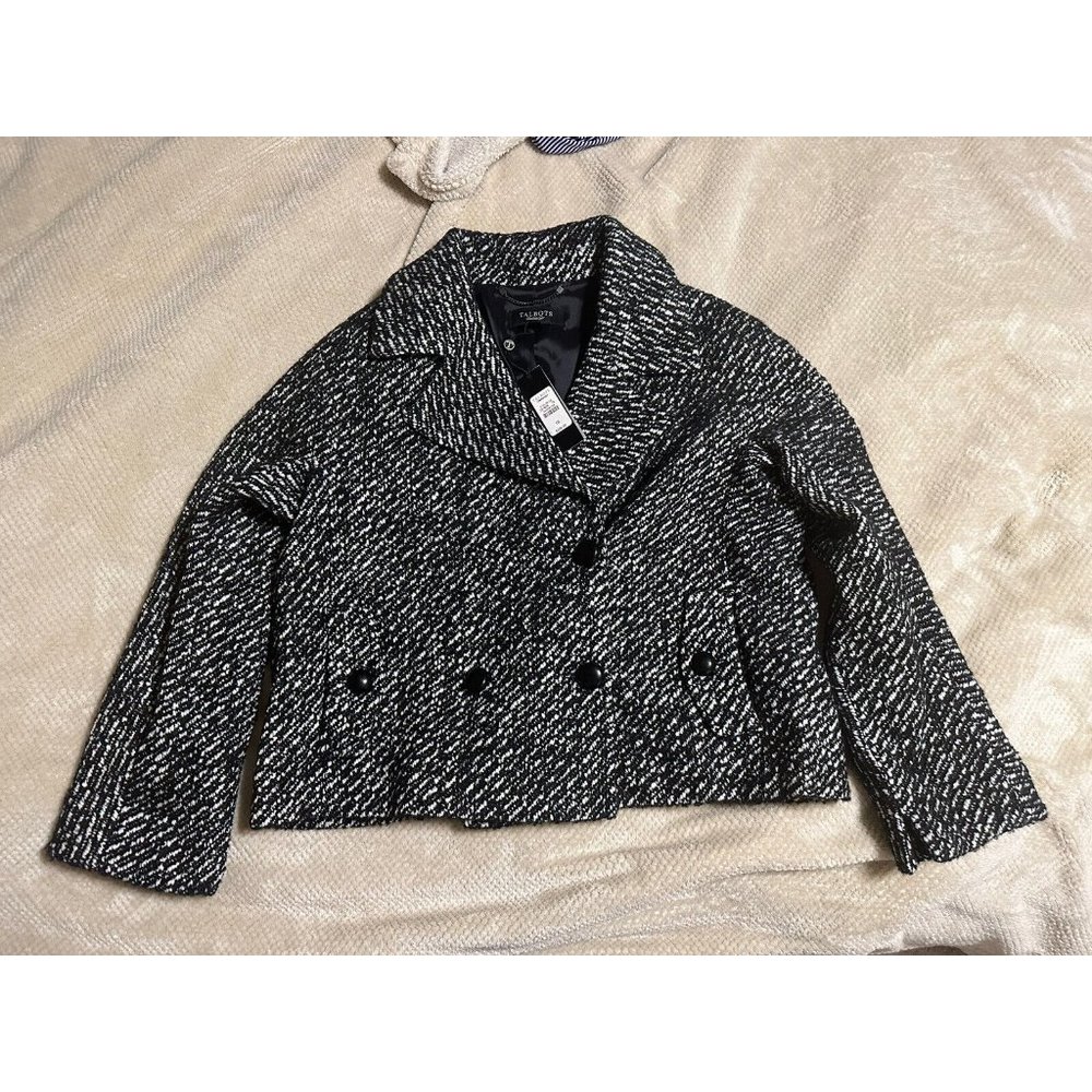NWT Talbots Sz 10 Tweed Black White Wool Jacket Blazer Women Modern Crop Stylish
